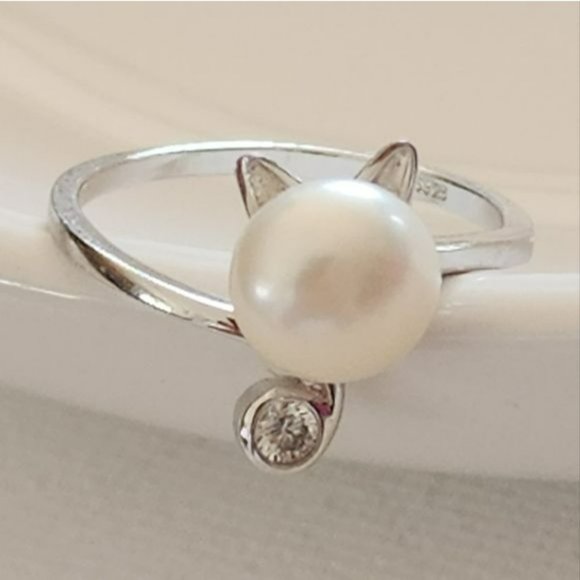 New 925S Silver‎ Real 8mm Cultured Freshwater Pearl Cat Shape Ring - Adjustable - Picture 8 of 15